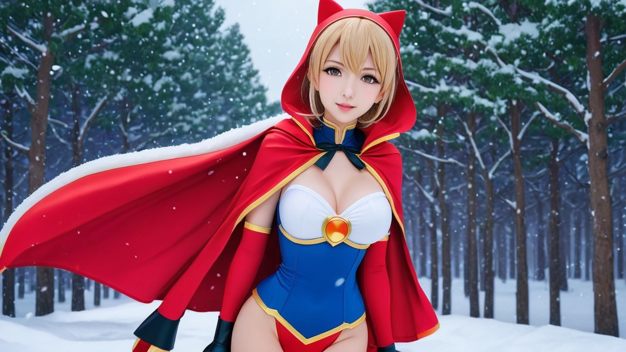 Character in Red Cape in Snowy Forest Setting