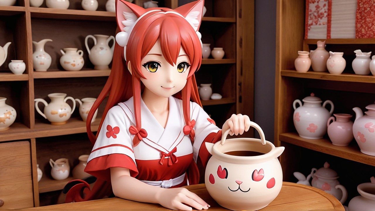 Charming anime character in cozy tea room setting