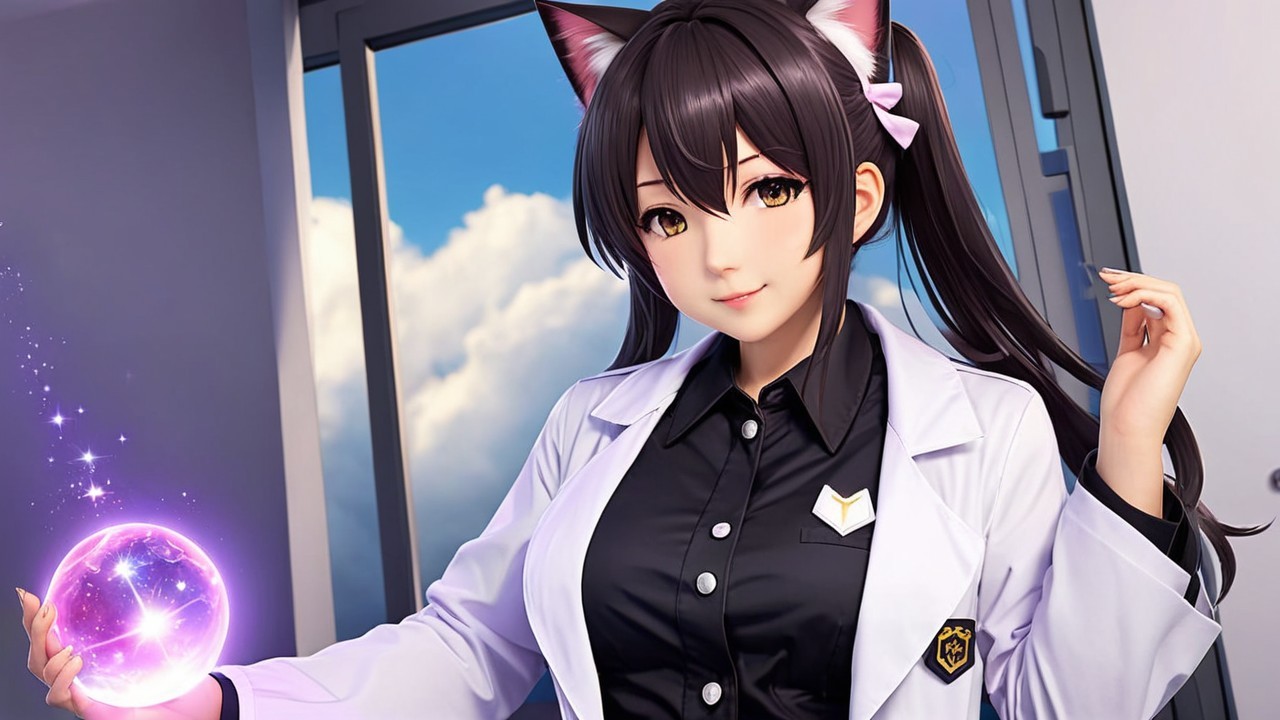 Young woman in lab coat with magical orb and fox ears