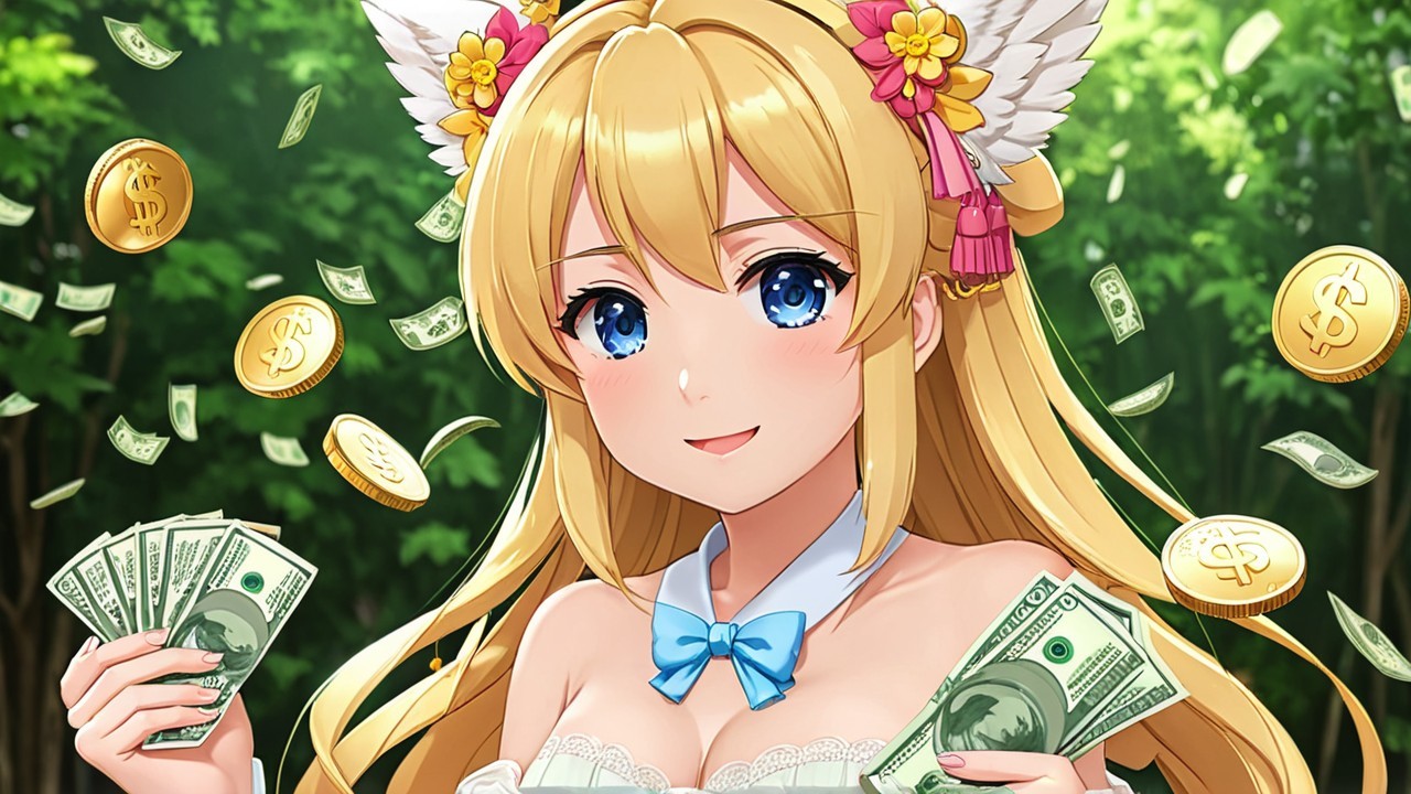 Cheerful anime girl with money and floral decor