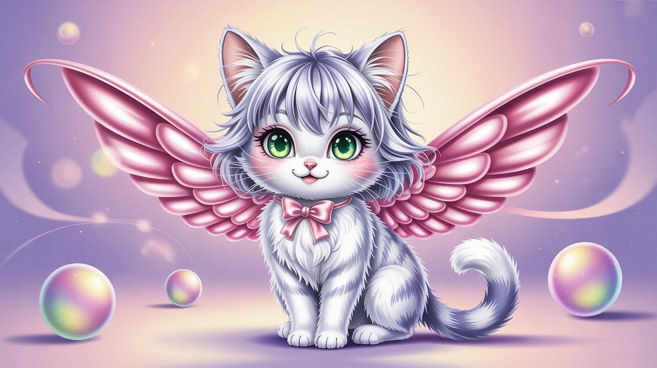 Cute White Cat with Fairy Wings and Colorful Bubbles