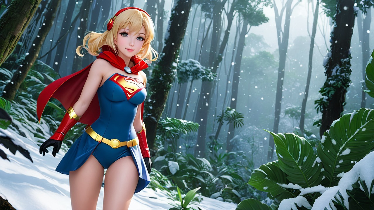 Stylish Female Superhero in Snowy Jungle Setting