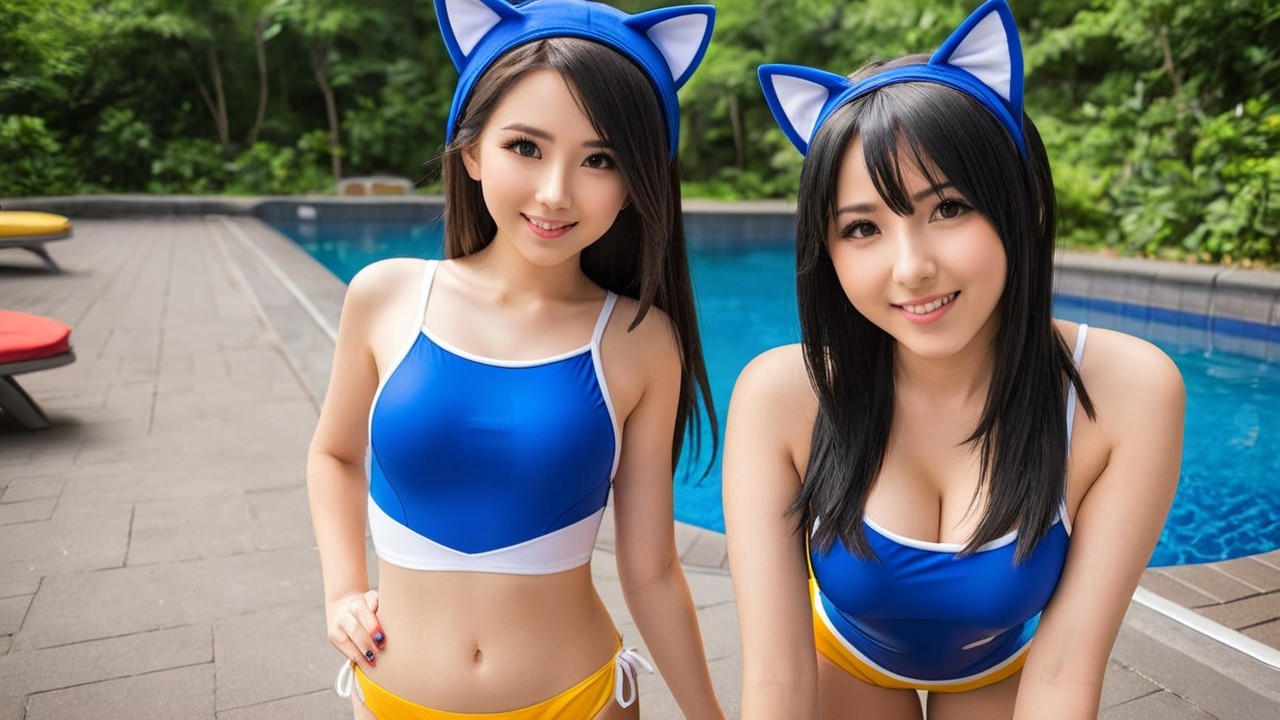 Young Women in Matching Swimwear by Poolside