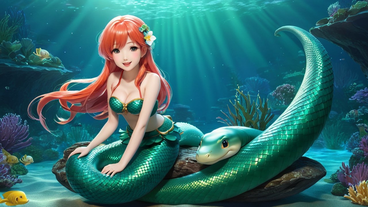 Vibrant Underwater Scene with Mermaid and Sea Serpent