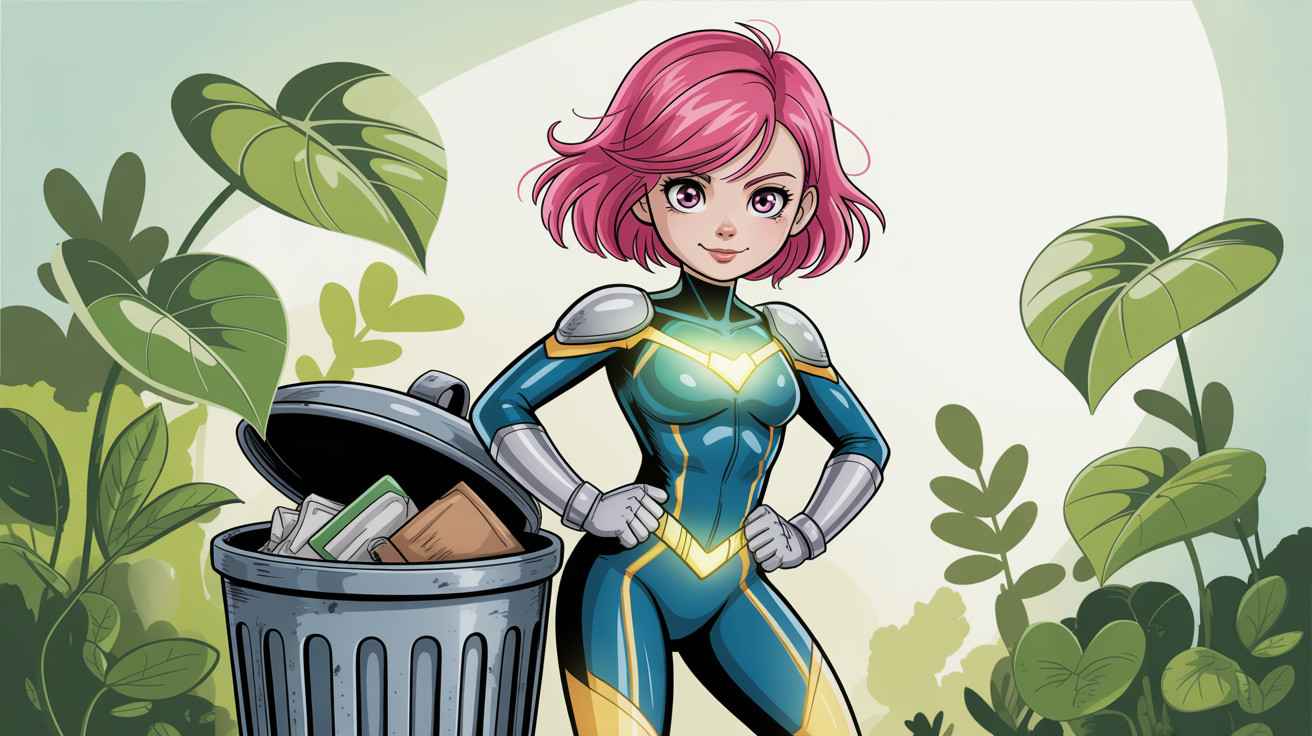 Cartoon Illustration of a Superhero with Trash Can
