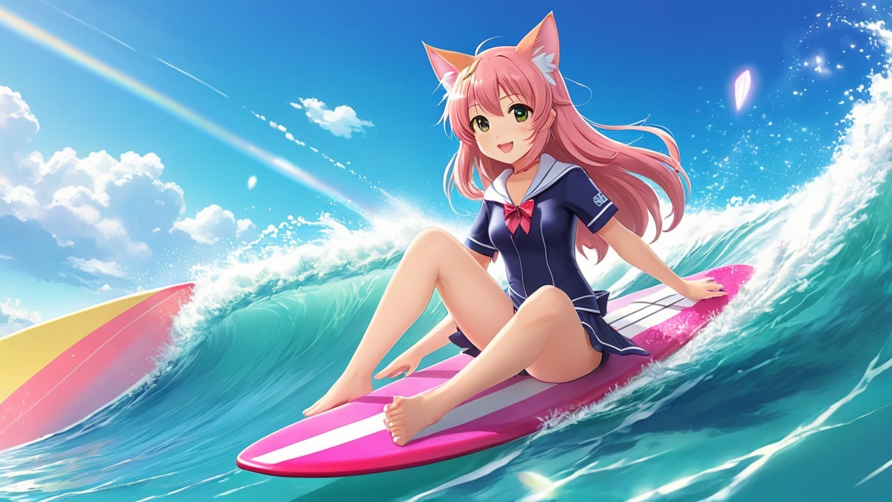Cheerful anime girl on pink surfboard in sunny waves