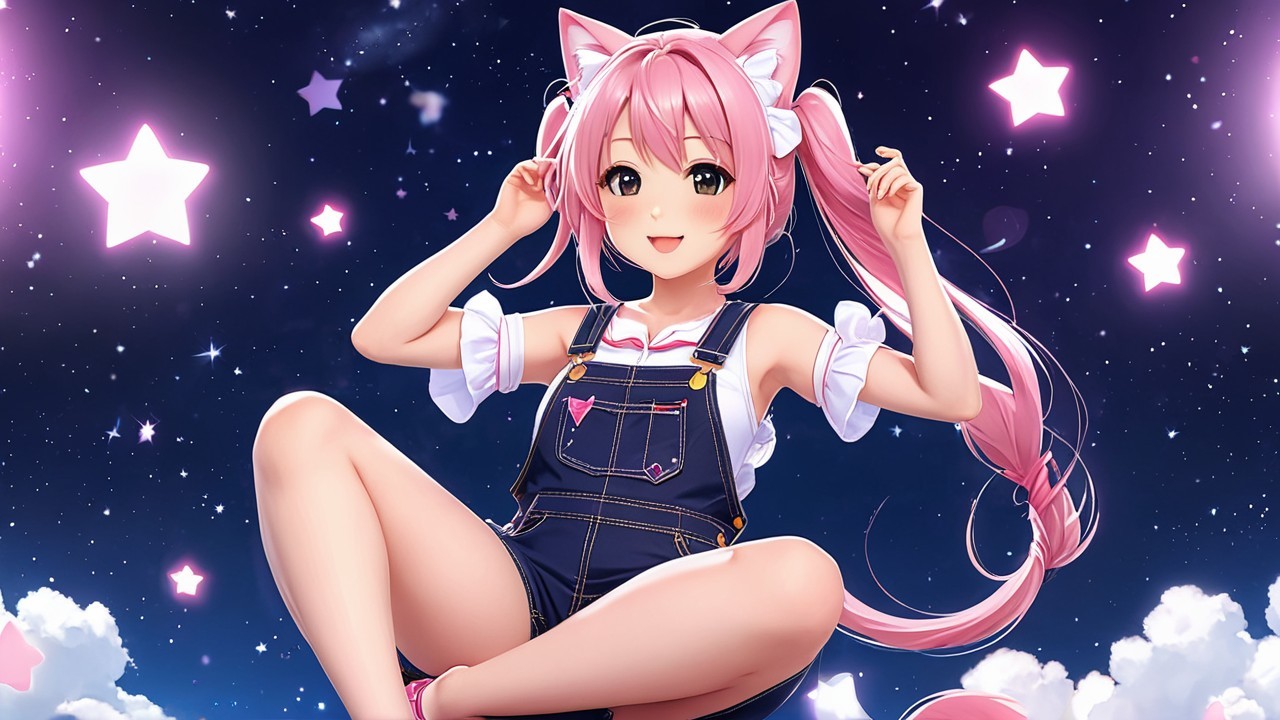 Cheerful anime girl with pink hair and cat ears