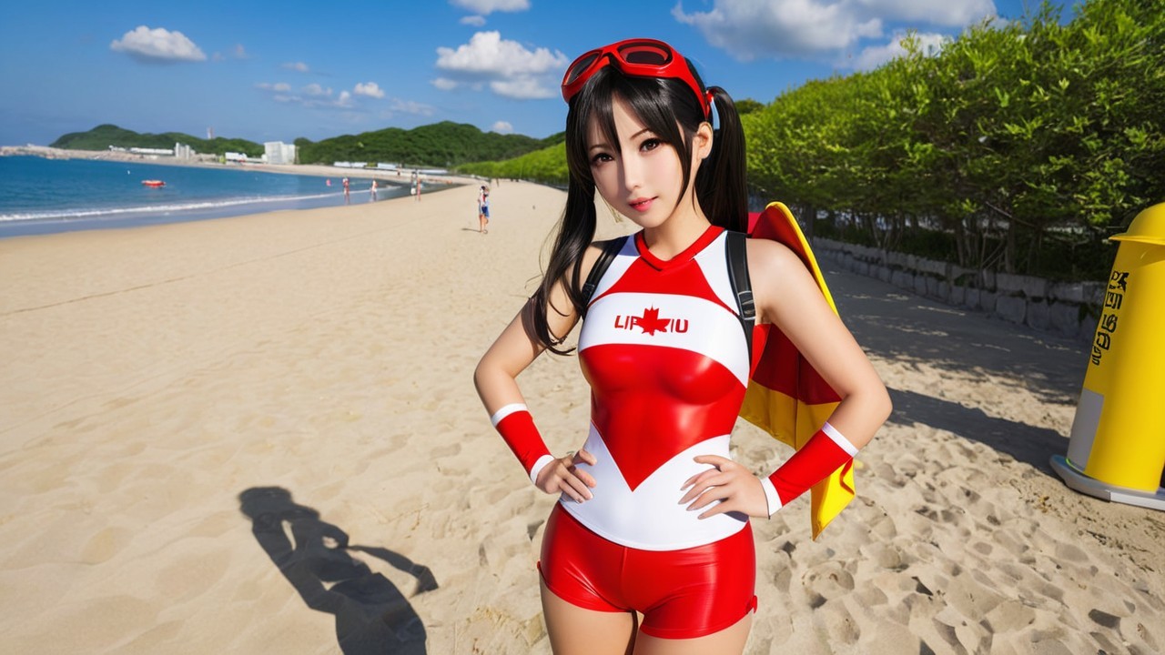 Young Woman in Lifeguard Swimsuit at Sunny Beach