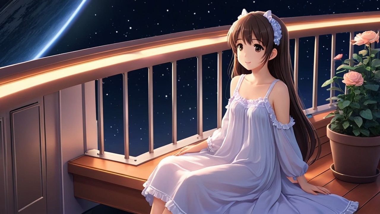 Young girl in white dress on balcony under stars