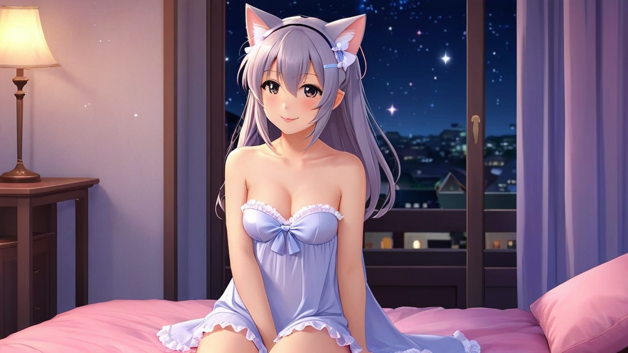 Anime Character in Cozy Bedroom with Starry Sky