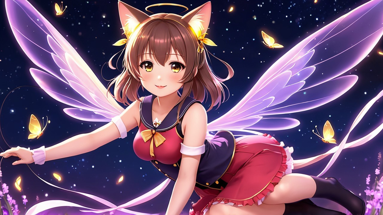 Anime girl with cat ears and ethereal wings in red dress