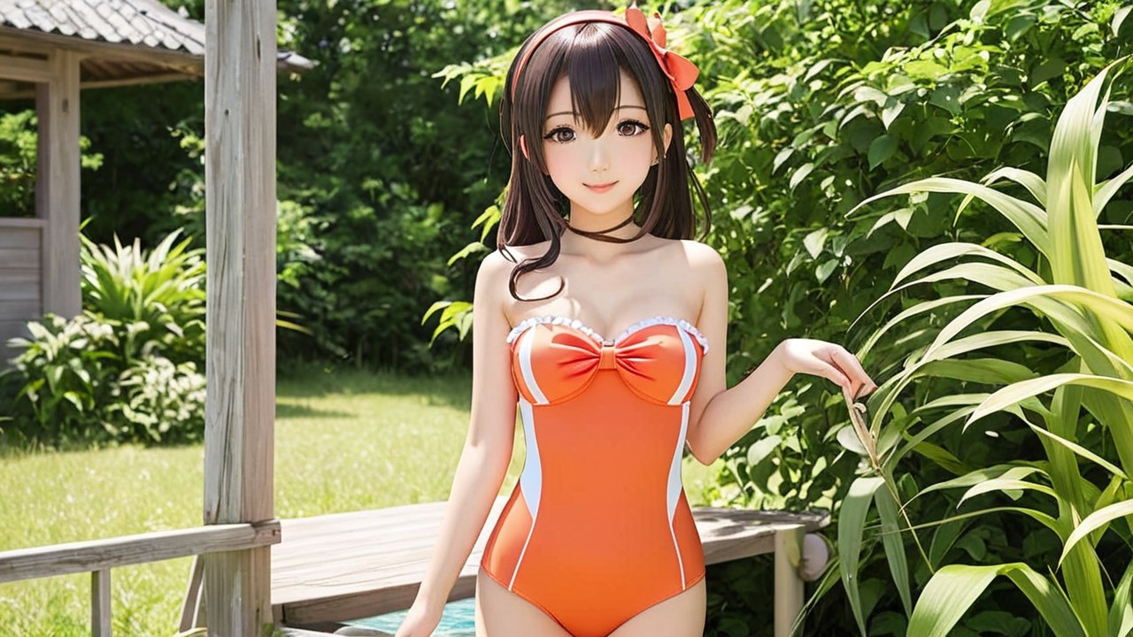Character in Orange Swimsuit in Lush Green Setting