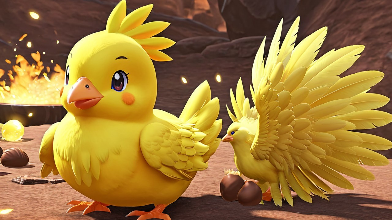 Fluffy Yellow Birds in a Warm Rocky Landscape