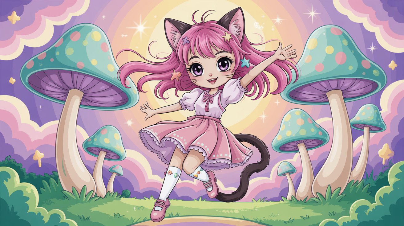 Anime Illustration of a Joyful Girl with Cat Features