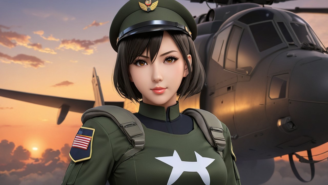 Digital Female Character in Military Attire with Helicopter