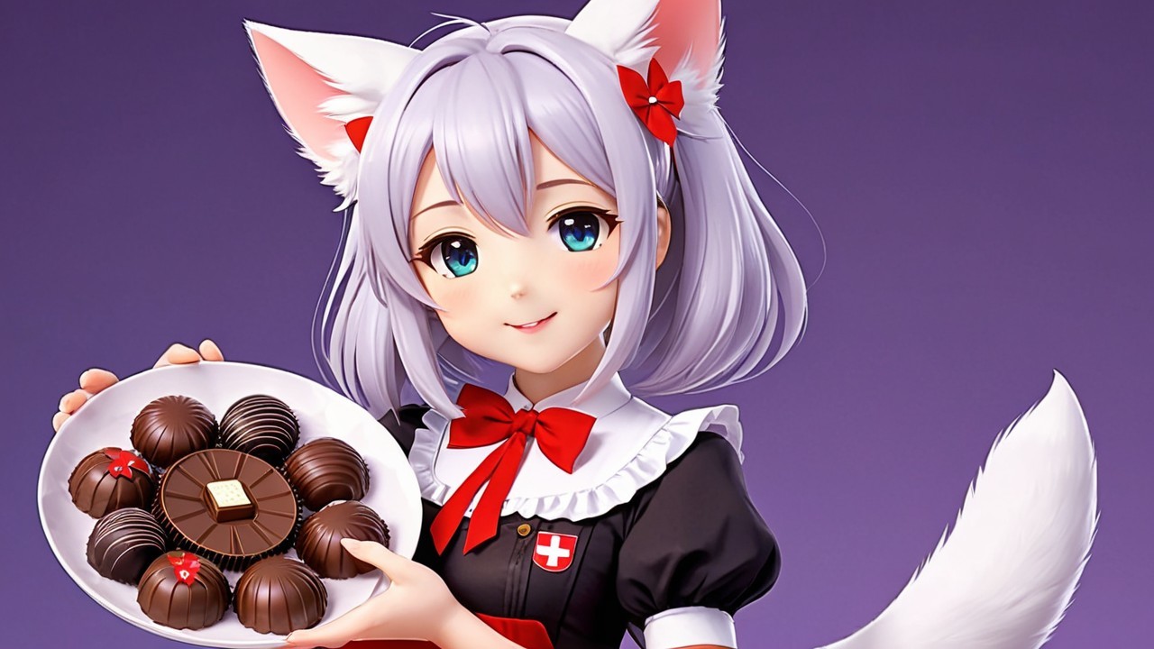 Anime Catgirl in Maid Uniform with Desserts on Purple