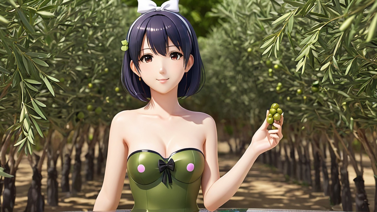 Stylized female character in an olive grove setting