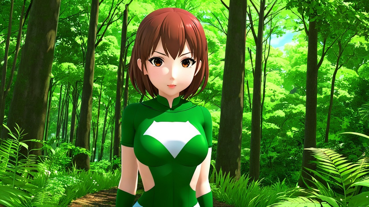 Stylized female character in a lush green forest