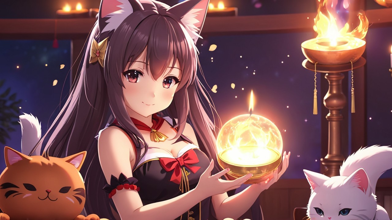 Whimsical Scene of Young Woman with Cat Ears and Cats