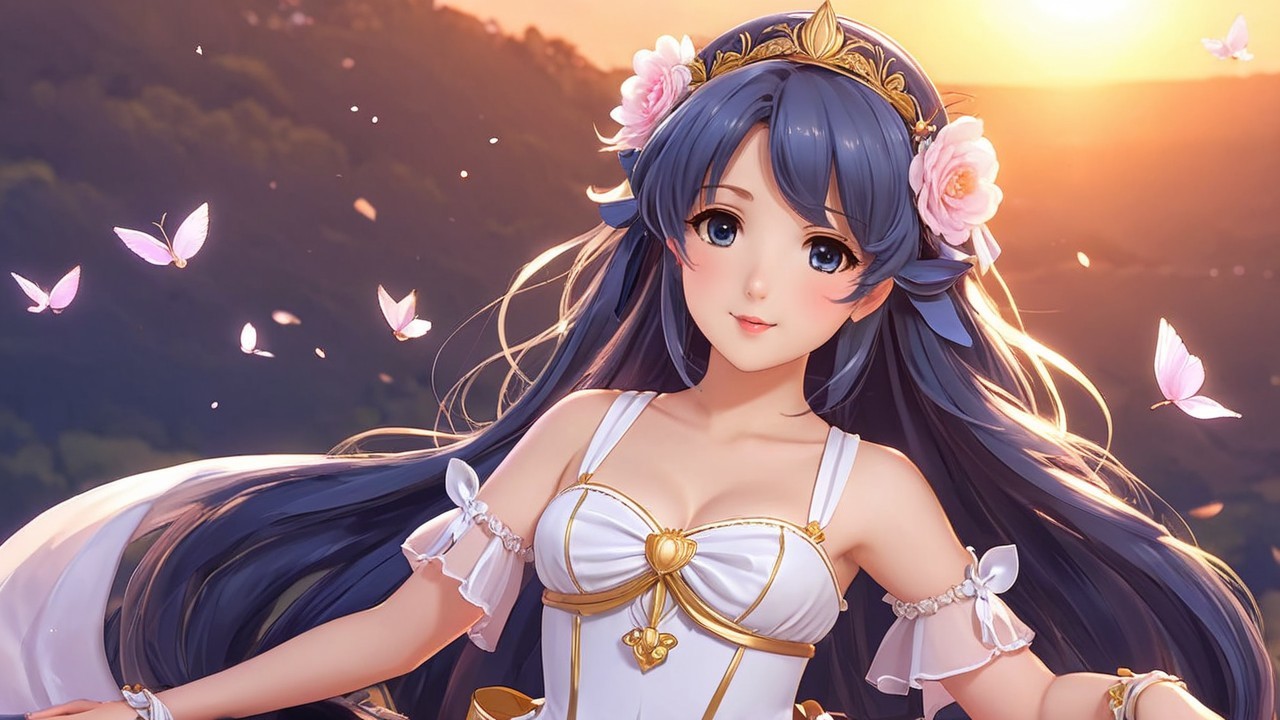 Elegant Character in White Gown at Sunset Setting