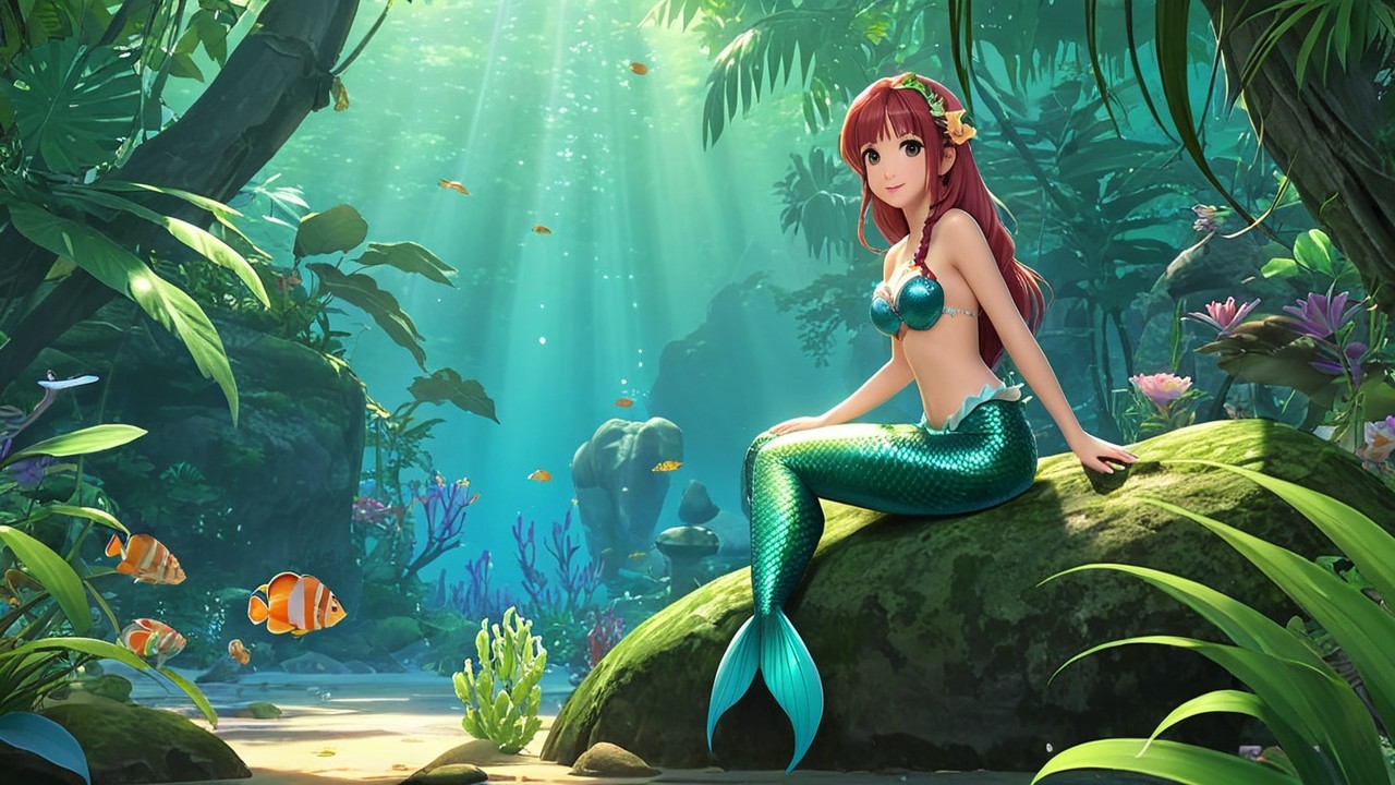 Vibrant Underwater Scene with Mermaid and Aquatic Life