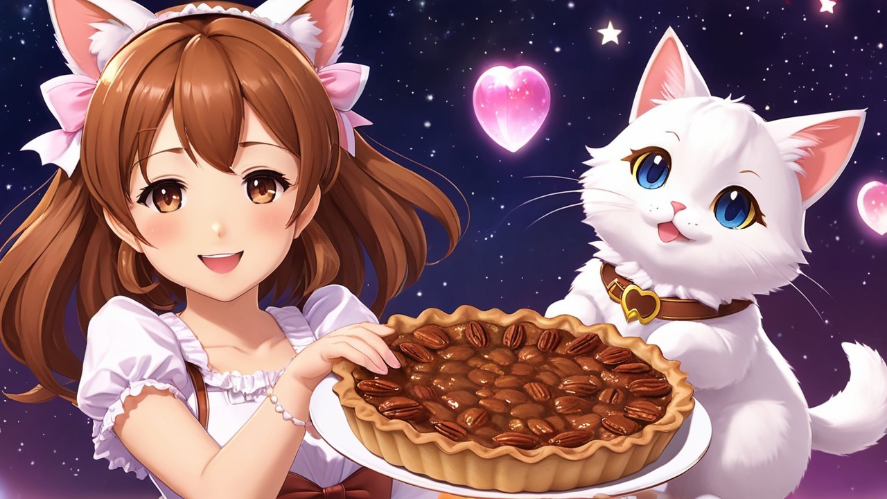Cheerful girl with pie and cat in a starry night sky