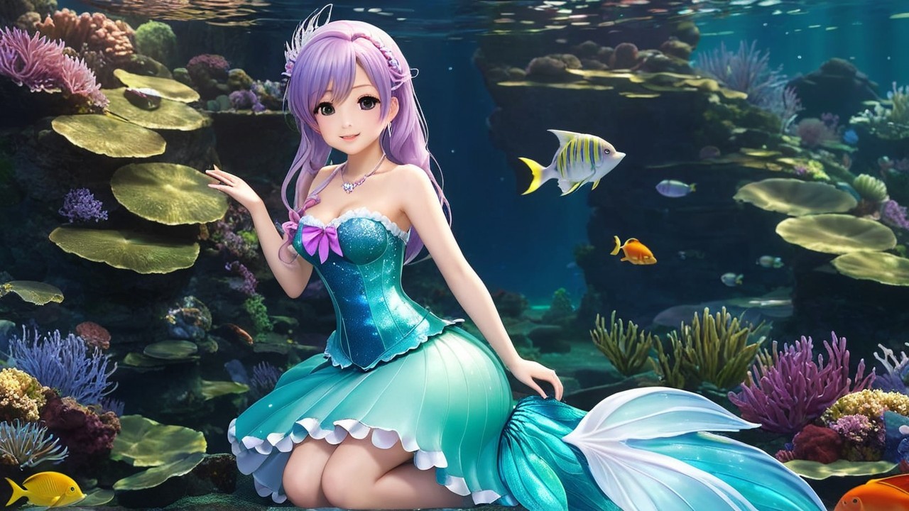 Mermaid Among Coral and Colorful Fish in Ocean Scene