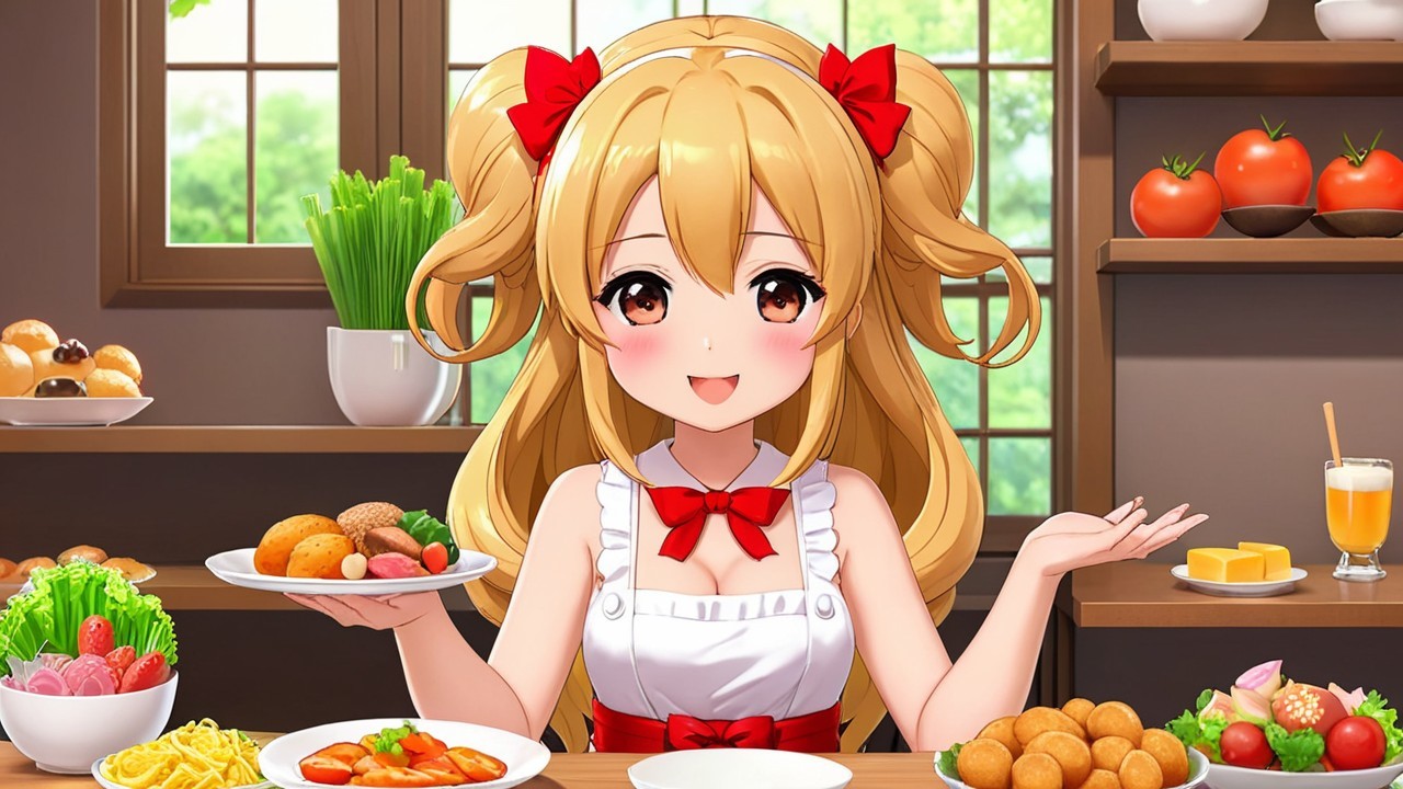 Cheerful Anime Girl in Bright Kitchen with Colorful Food