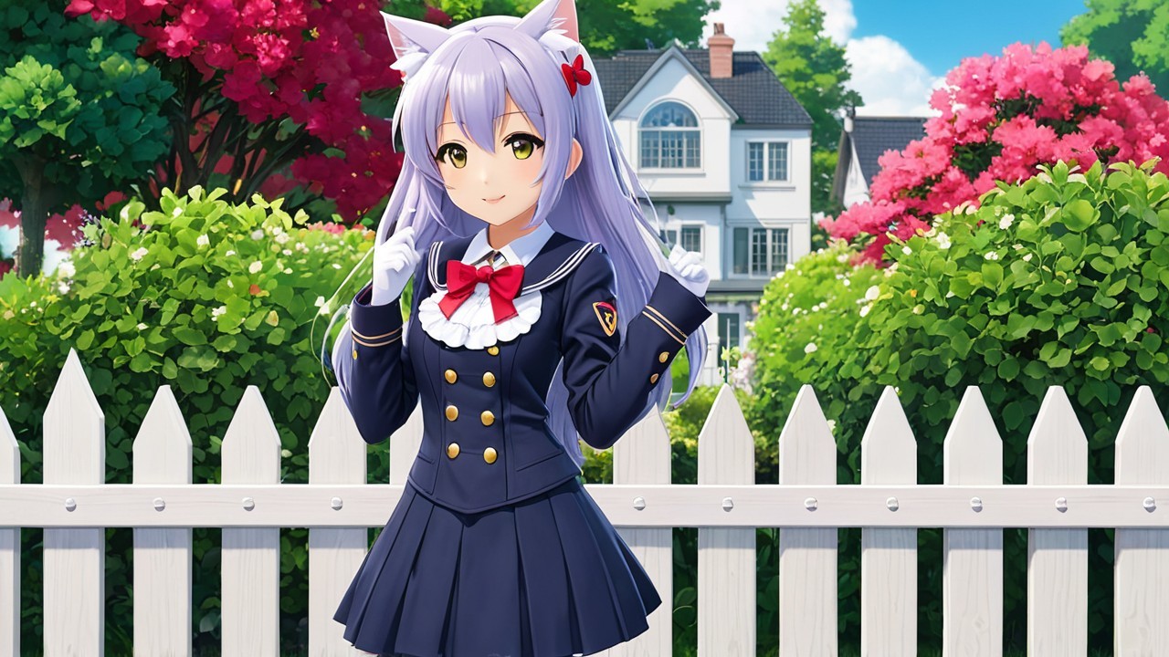 Character with Cat Ears and Lavender Hair in Garden