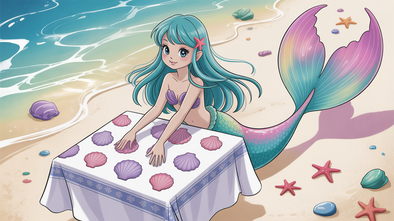 Cute anime mermaid on a sandy beach with seashells