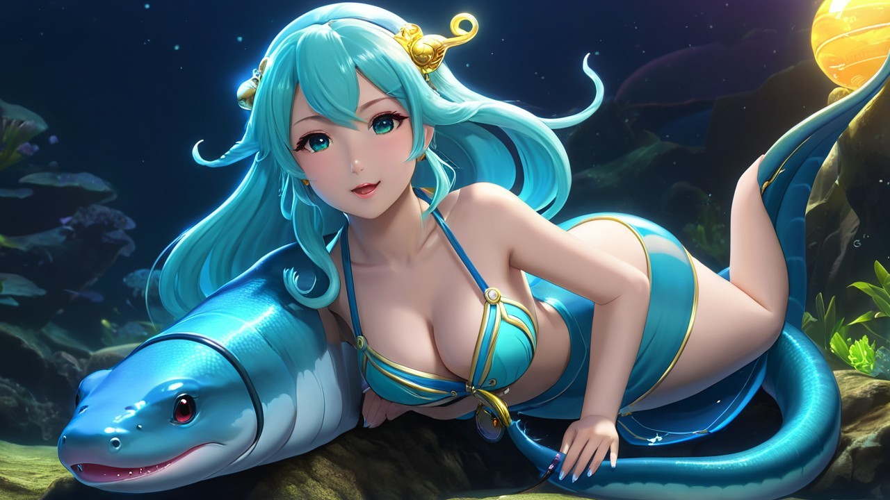 Underwater Scene with Mermaid and Friendly Eel
