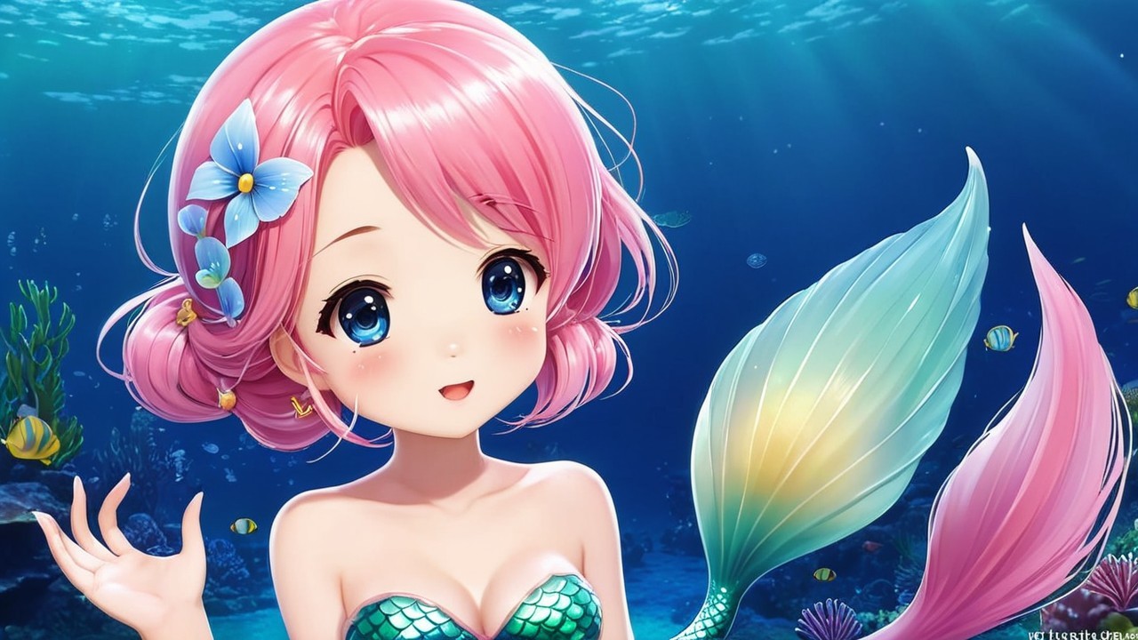 Whimsical Underwater Scene with Cheerful Mermaid