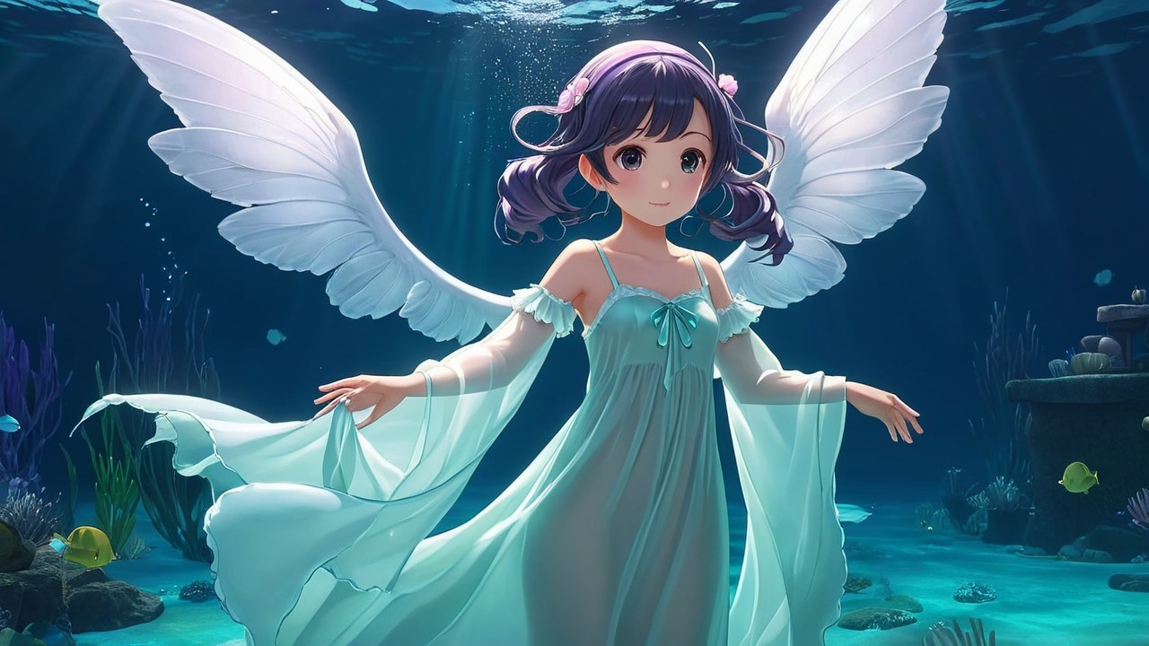 Whimsical Underwater Scene with Iridescent Wings