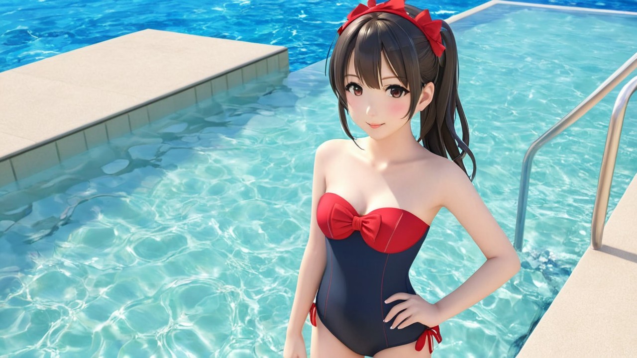 Character by a Shimmering Blue Pool in Stylish Swimsuit