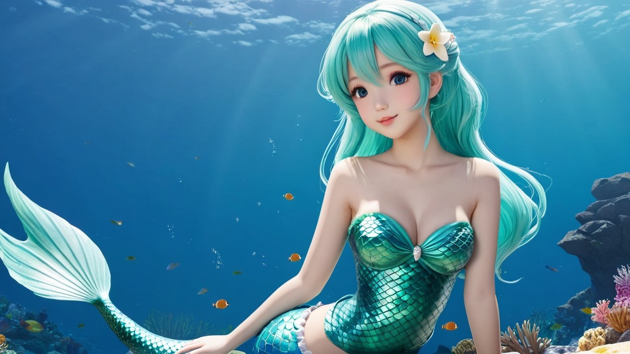 Vibrant Underwater Scene with Mermaid and Coral Reefs
