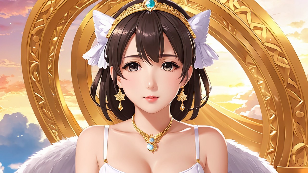 Regal figure with wings and sunset backdrop