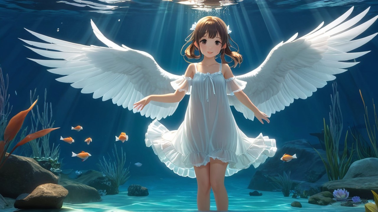 Underwater Scene with Angelic Wings and Colorful Fish
