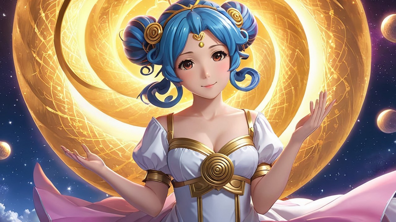 Celestial Figure with Blue Hair and Golden Spiral