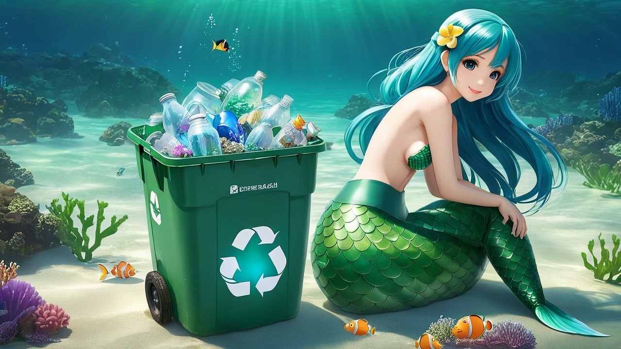 Mermaid by Recycling Bin in Colorful Underwater Scene