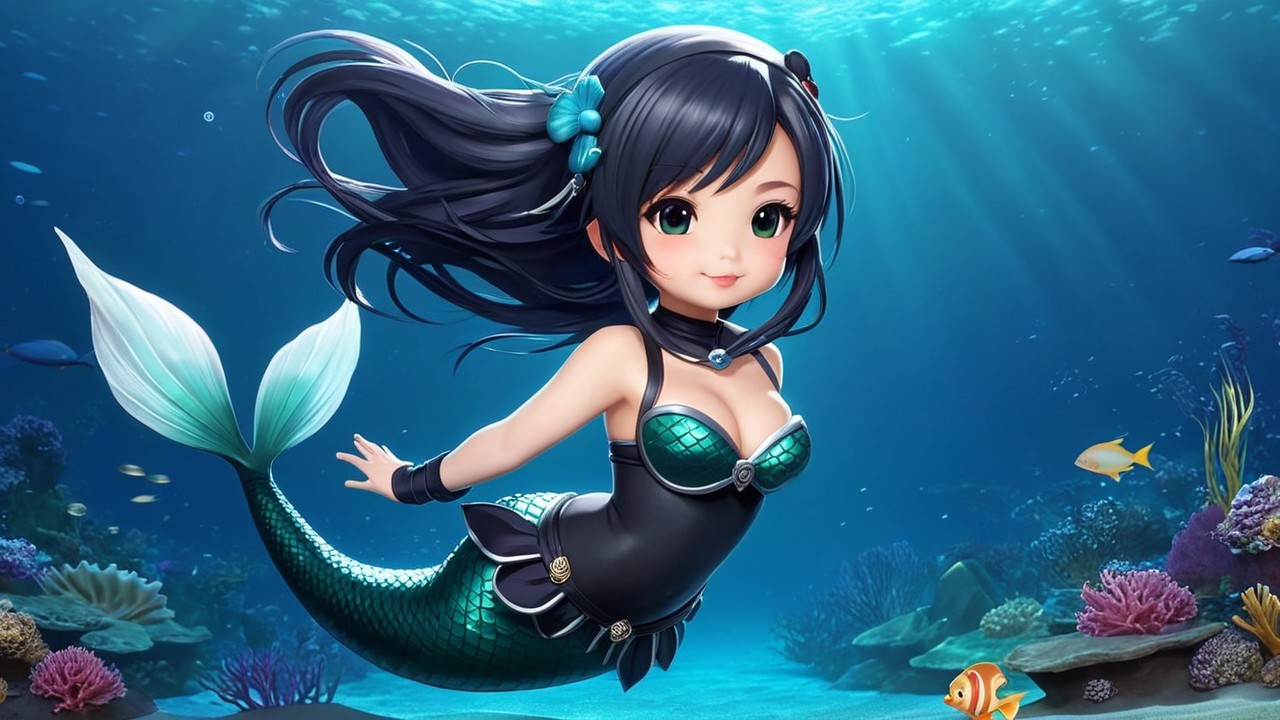 Vibrant Underwater Scene with Cartoon Mermaid and Coral