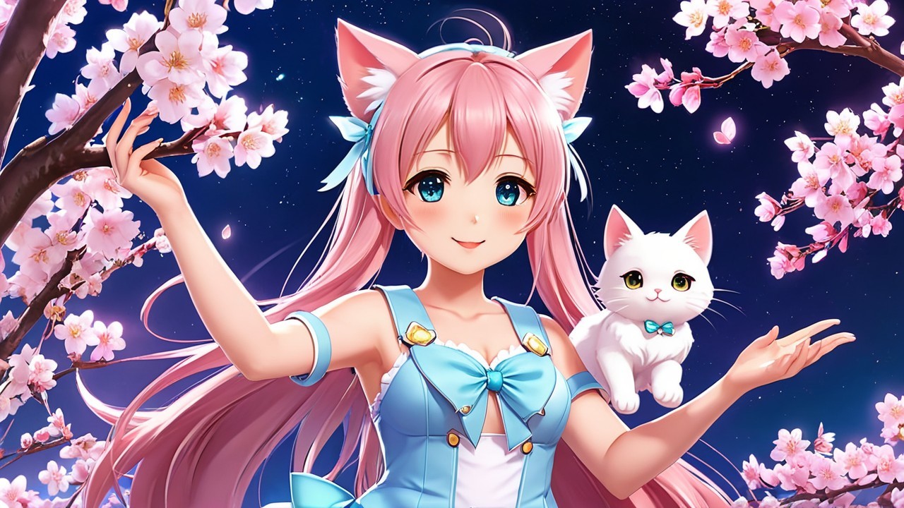 Anime Girl with Cat in Cherry Blossom Scene