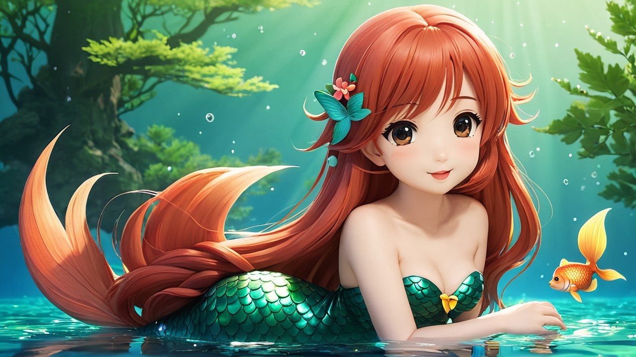 Anime-style mermaid in tranquil underwater scene