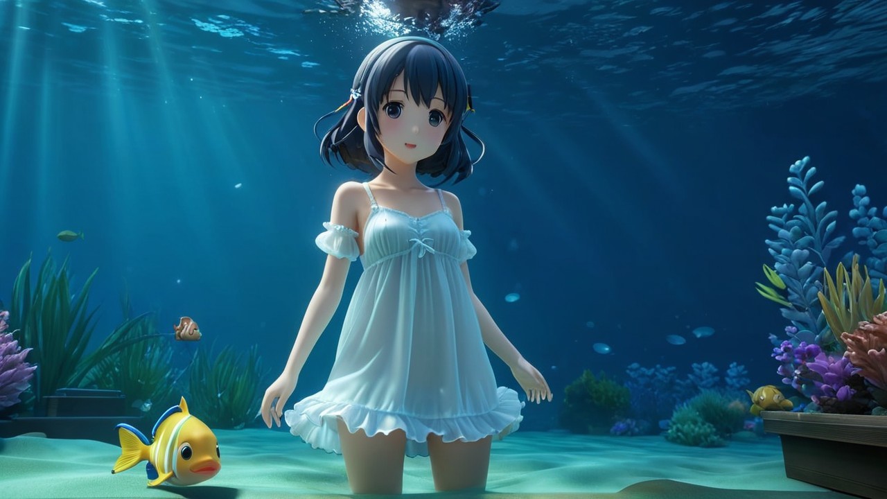 Young girl in white dress in serene underwater scene