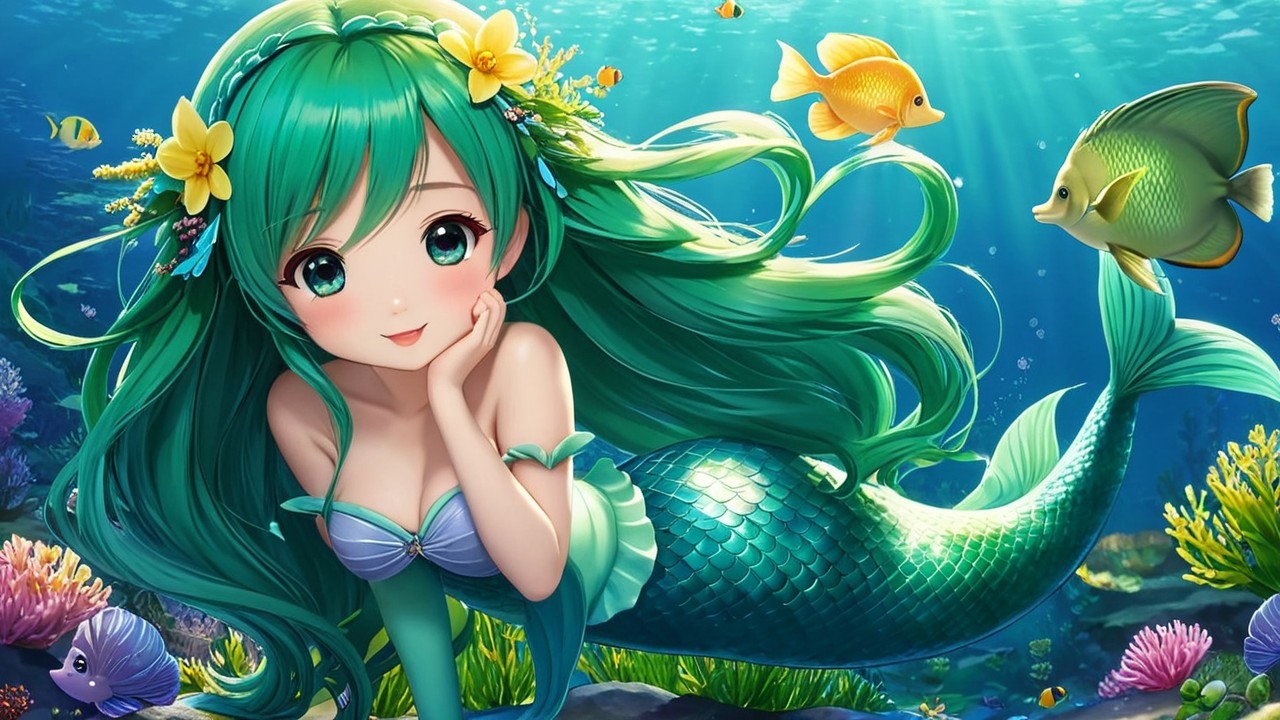 Vibrant Underwater Scene with Cheerful Mermaid