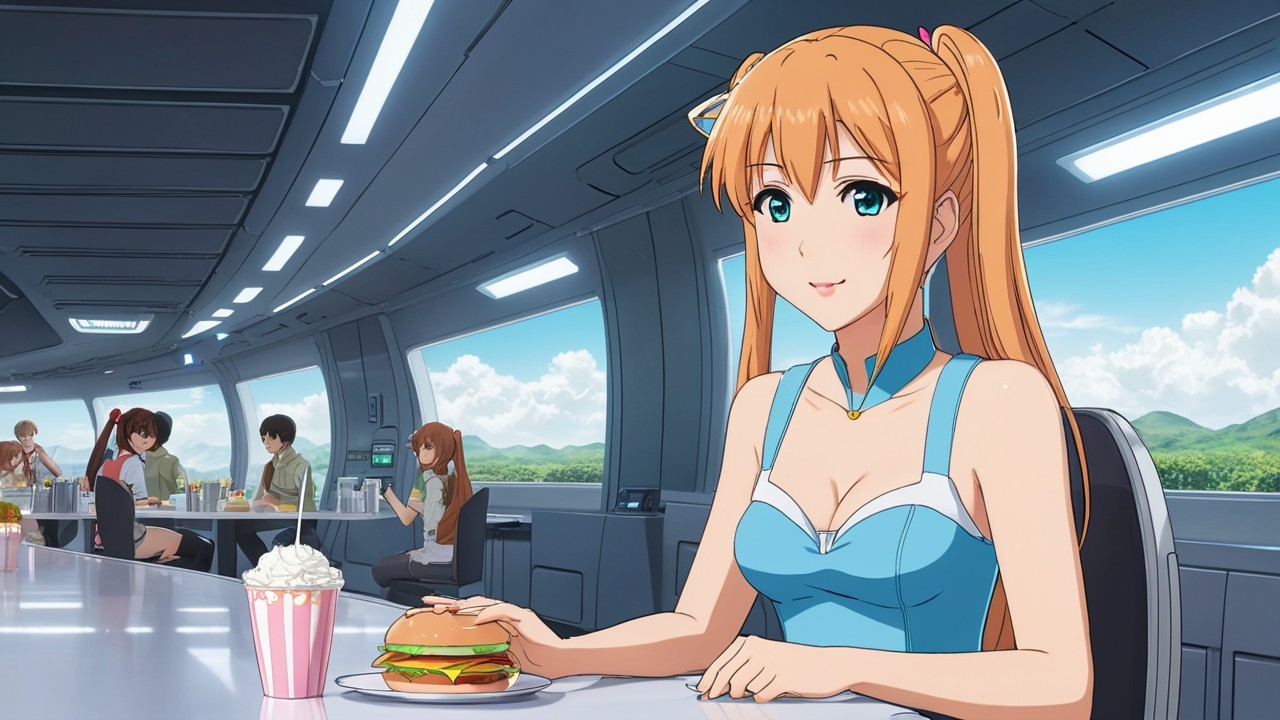 Futuristic diner scene with cheerful girl and landscape