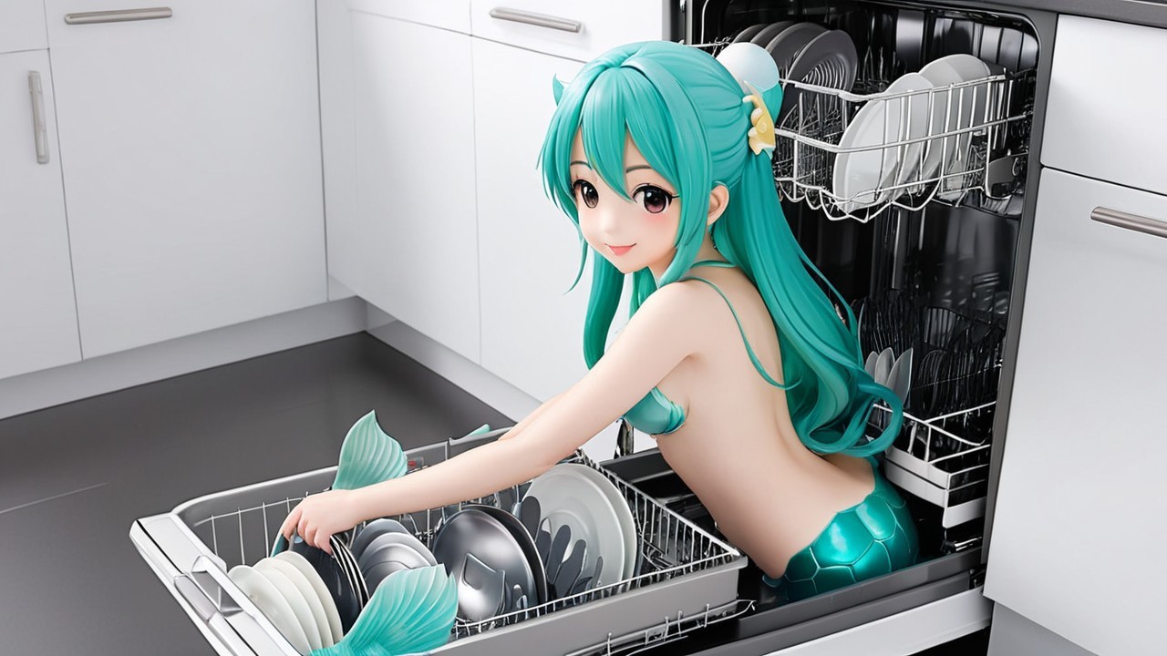 Whimsical Mermaid in Dishwasher in Modern Kitchen