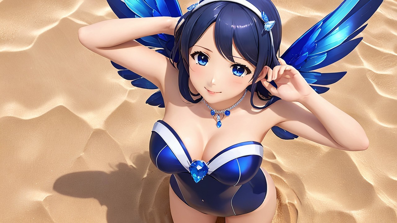 Vibrant anime character with blue wings on beach