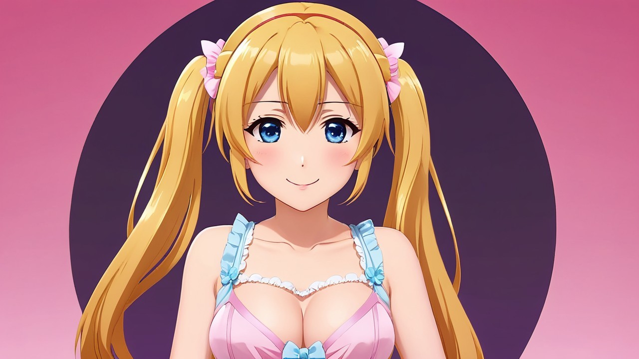 Cheerful anime girl with twin tails and pastel outfit