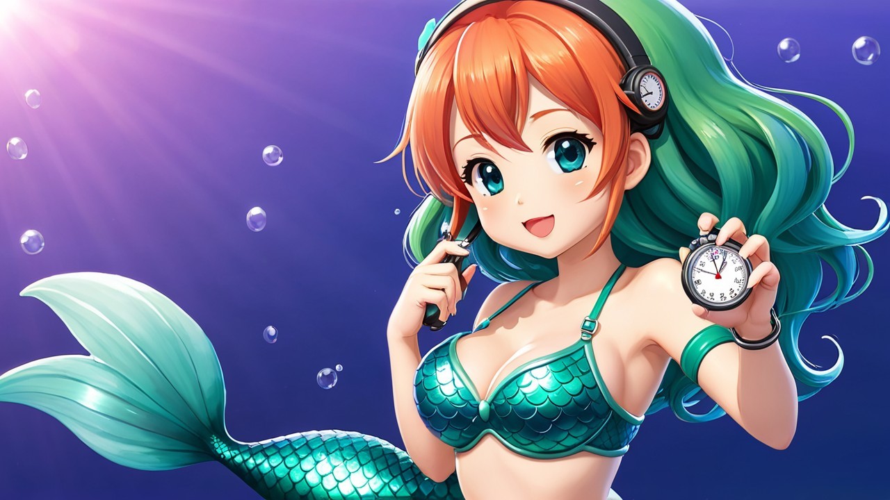 Vibrant animated mermaid with orange hair and bubbles