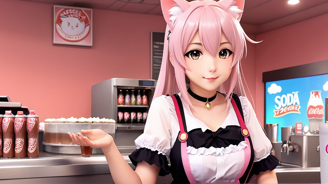 Pink-haired character in retro-themed café setting